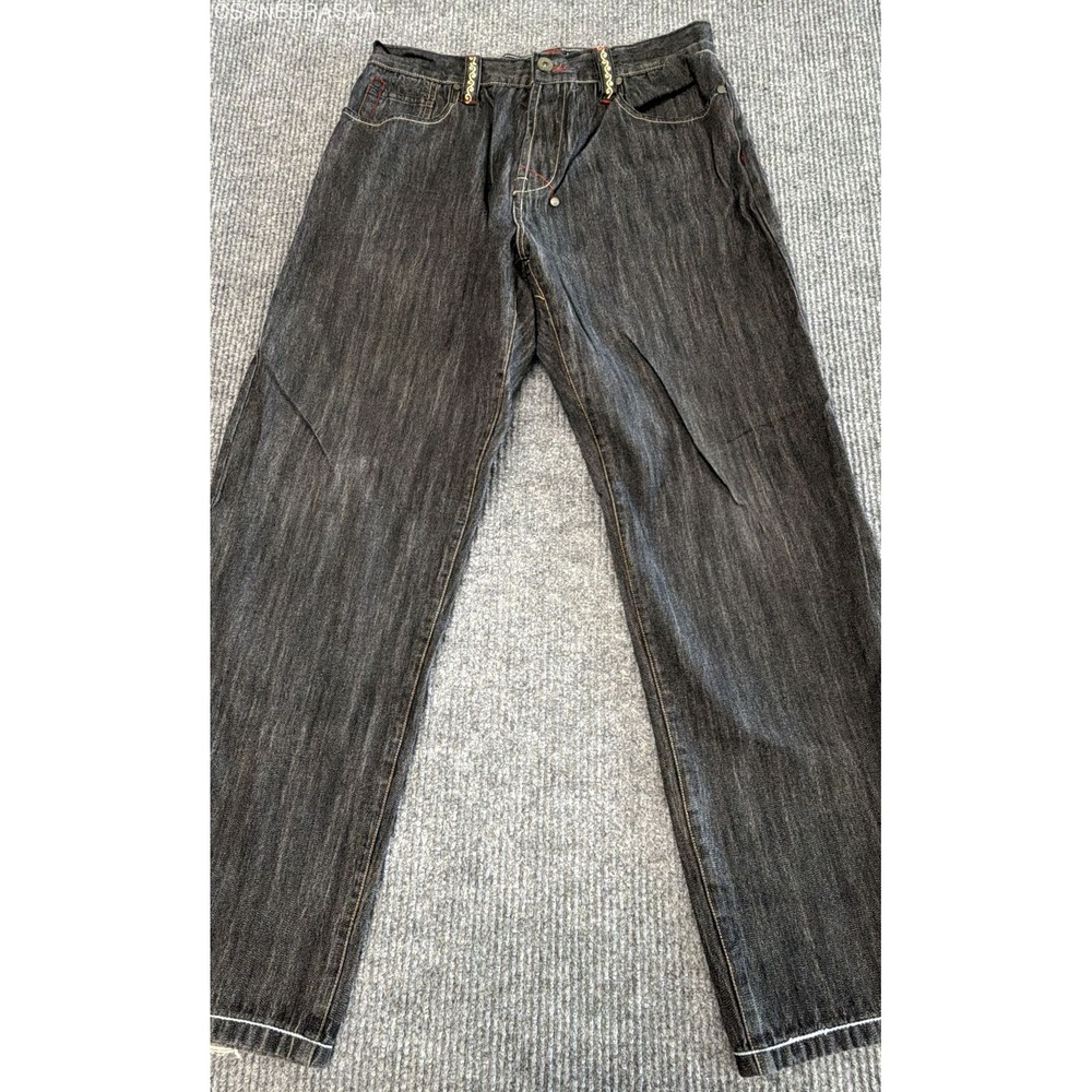 Vintage Y2K Coogi Men's Black Baggy Wide Leg Embroidered Denim Jeans Sz 38x33